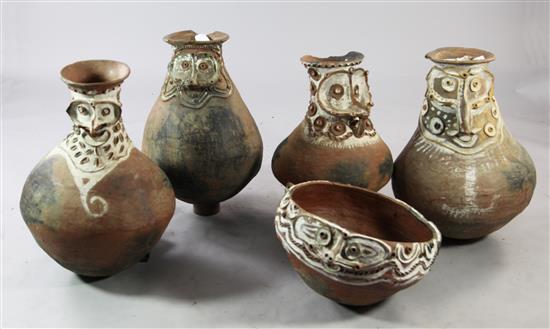 Four Aibom Village clay sago storage jars & similar bowl